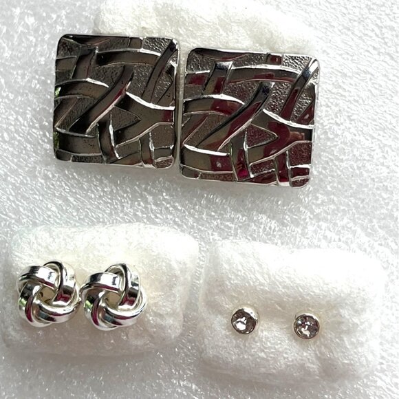 Silver Square Knot & Crystal Stud Pierced Earrings Set Of 3 A280 - Picture 2 of 14